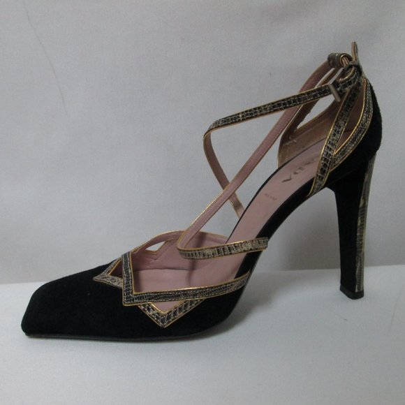 PRADA black Suede w/ Snakeskin square toe heels pumps ITALY buckle Size Sz 38 - Picture 4 of 12